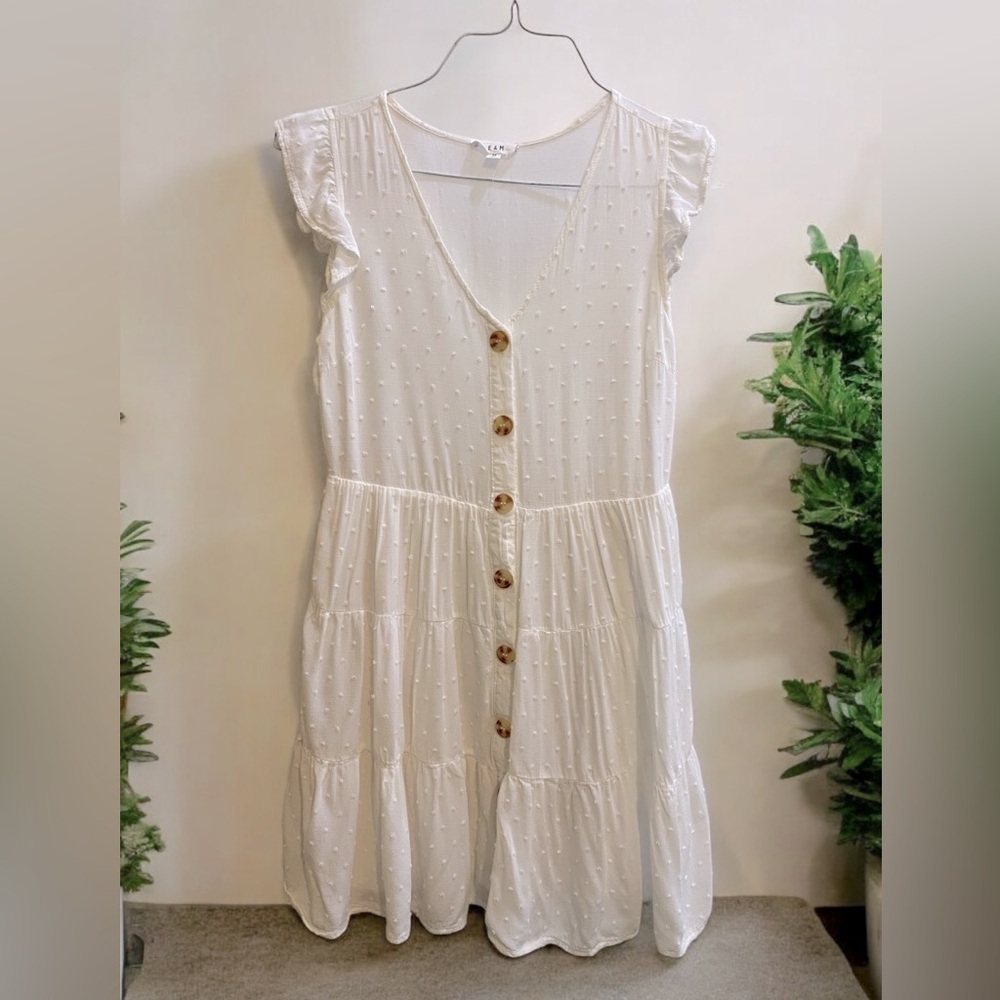 E & M White Button Front Swiss Dot Mini Dress Sz M EUC